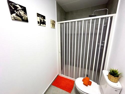 a bathroom with a toilet and a shower stall at Apartamento Naranja in Bolnuevo
