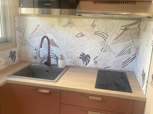 - un comptoir de cuisine avec un évier et un mur dans l'établissement Studio AC with Balcony by Olidesi, à Cannes