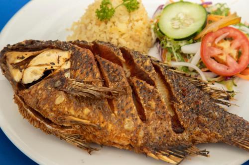 a white plate with a piece of fish and a salad at Hotel Hacienda María Eugenia Acapulco in Acapulco