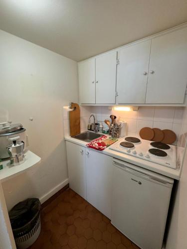 Il comprend une petite cuisine équipée d'une cuisinière et d'un évier. dans l'établissement 2 chambres 9mn Arc de Triomphe, à Neuilly-sur-Seine