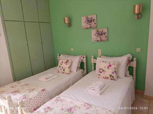 two twin beds in a room with green walls at Pension Galazios Kolpos in Patitiri