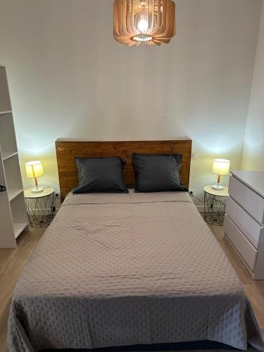 ein Schlafzimmer mit einem großen Bett mit zwei Lampen in der Unterkunft Bulles de bonheur - Carcassonne in Carcassonne