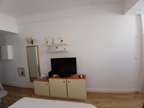 - un salon avec une télévision et un miroir dans l'établissement Maria, à Nice