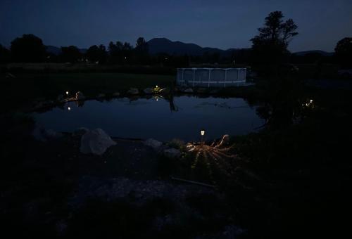 a pond at night with lights in the water at Močvirski Tulipan in Ljubljana