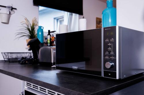 a microwave sitting on top of a kitchen counter at Sander's Apartments Landstuhl in Landstuhl