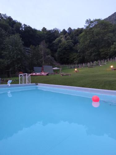 a swimming pool with a view of a field at Baita Eleonora in Argegno