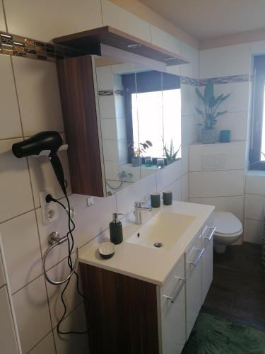 a bathroom with a sink and a mirror and a toilet at Bergwitzer Traumhaus in Kemberg