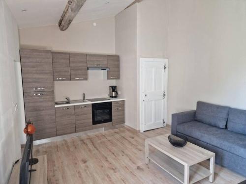 un salon avec un canapé bleu et une cuisine dans l'établissement Appartement T2 37 m2 entièrement rénové, à Dions