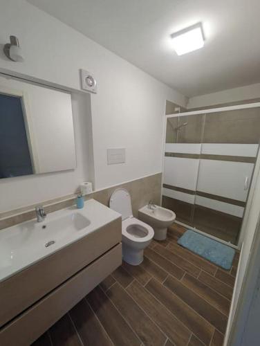 a bathroom with a sink and a toilet and a mirror at Il Ruderino in Melito di Porto Salvo