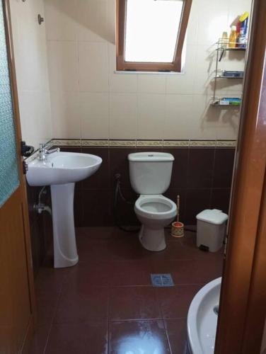 a bathroom with a white toilet and a sink at Sara & Mateo Guesthouse in Libohovë