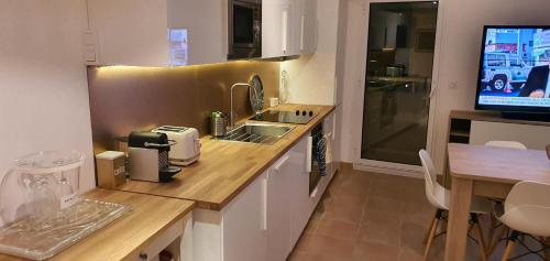 Il comprend une cuisine avec un plan de travail, un évier et une télévision. dans l'établissement Palais Nausicaa, à Cannes