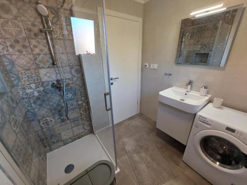 a bathroom with a shower and a toilet and a sink at Holiday apartment Lux Nera in Kastav