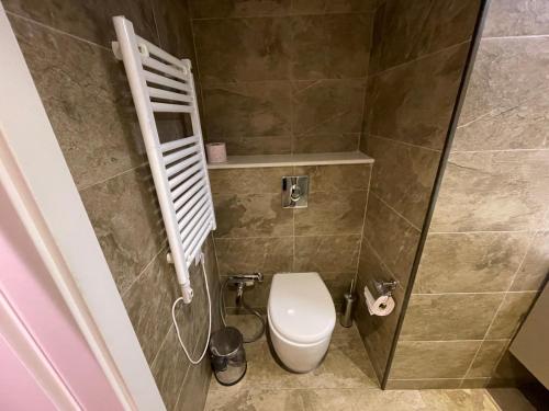 a small bathroom with a toilet in a room at PANORAMA Apartments BATUMI in Batumi