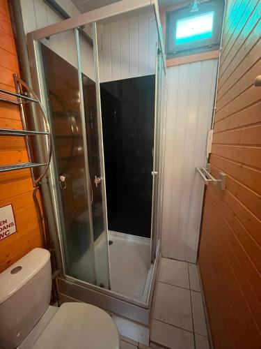 une salle de bain avec douche, toilettes et fenêtre dans l'établissement La cabane du pêcheur - 20 min d'Aurillac - 2ch - les pieds dans le lac, à Lacapelle-Viescamp
