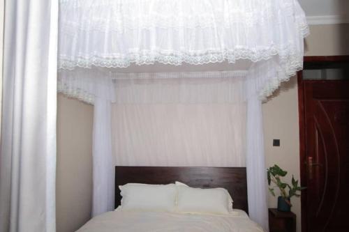 a bedroom with a bed with a white curtain at Cozy Condo Najjera in Kampala