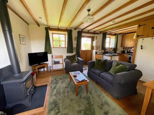 a living room with a couch and a stove at Widecombe Cottage in Widecombe in the Moor