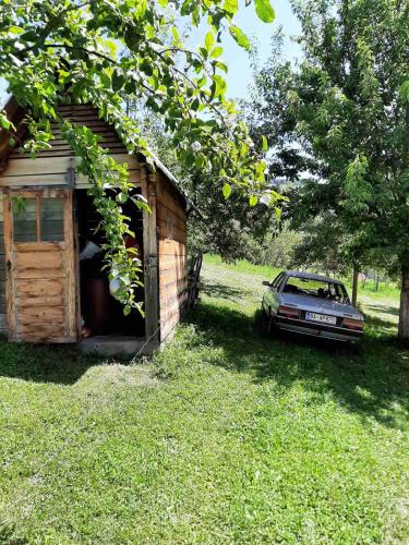 a car is parked next to a wooden shed at Seosko domaćinstvo Preslo in Berane