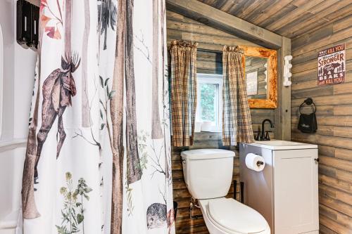 a bathroom with a toilet and a shower curtain at Lake Access and Kayaks Gladwin Cottage Near Golfing in Gladwin