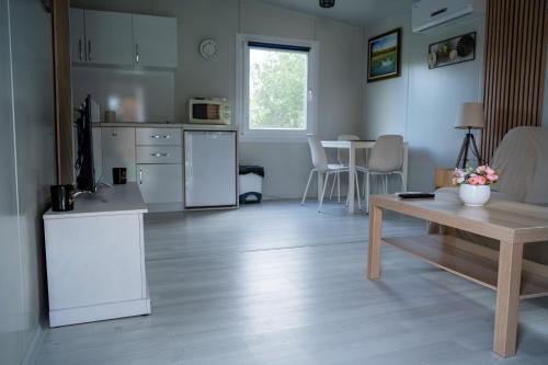 a living room with a kitchen and a table at Seosko turističko domaćinstvo Tisa i Begej in Kni°anin