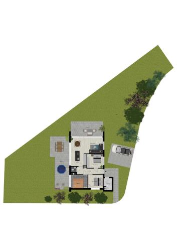 a floor plan of a house in an arrow at Design bungalow met wellness in parkbos in Giethmen