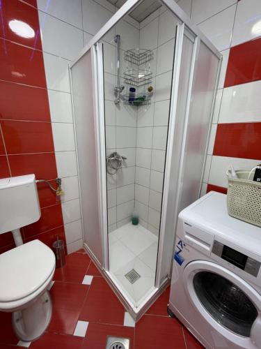 a bathroom with a shower and a washing machine at Petreski Apartments 1 in Ohrid