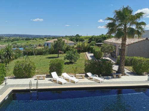 une piscine avec des chaises longues et un palmier dans l'établissement Gîte Soleil, à Adissan