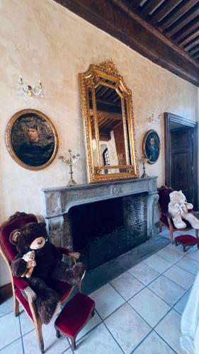 a living room with a mirror and a fireplace at Domaine familial du château de Ragny in Savigny-en-Terre-Plaine