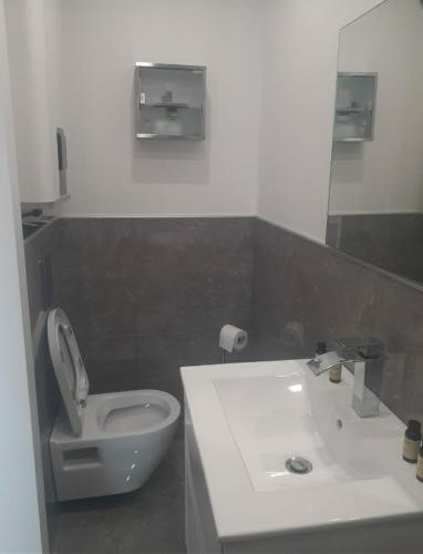 une salle de bain avec des toilettes blanches et un lavabo dans l'établissement Love Room Séduction, à Tremblay-en-France