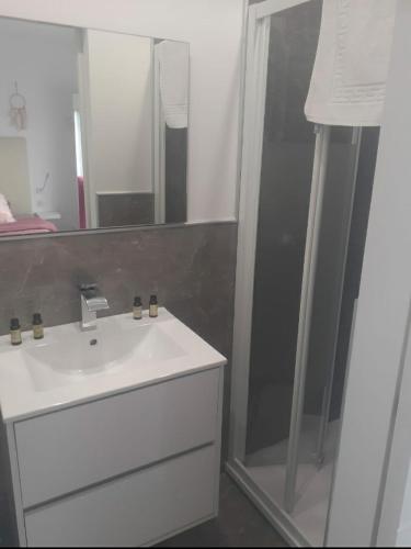 une salle de bain avec un lavabo blanc et une douche dans l'établissement Love Room Séduction, à Tremblay-en-France
