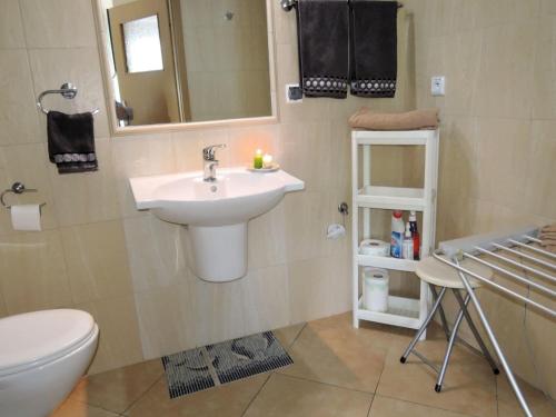 łazienka z umywalką, toaletą i lustrem w obiekcie Apartment in Mi dzyzdroje near Sandy Beach w mieście Międzyzdroje