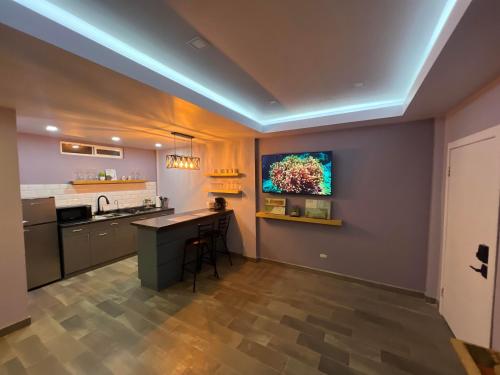 a kitchen with a counter and a tv on the wall at Premier Apartment Ensenada in Ensenada