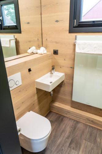 a bathroom with a white toilet and a sink at HofGut Bockelkathen Tiny Haus 10 in Lüdersburg