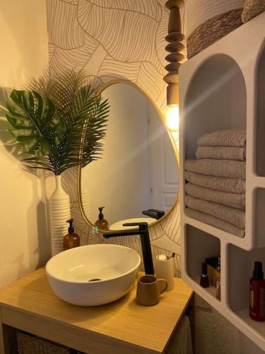 une salle de bain avec un lavabo blanc et un miroir dans l'établissement Bel appartement T3 avec jardin Malibu Village, à Canet