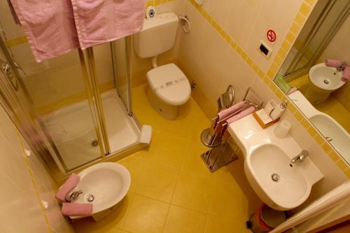 a bathroom with a sink and a toilet and a shower at Hotel La Fontana in Trieste