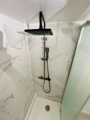 La salle de bains est pourvue d'une douche avec un pommeau de douche noir. dans l'établissement Cosy duplex aux portes de Paris, à Issy-les-Moulineaux