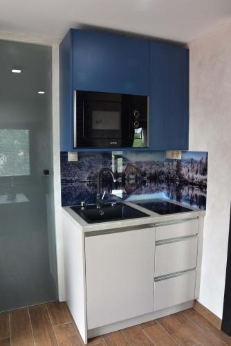 a kitchen with a sink and a blue wall at Apartmány Žakovce & SPA in Veľká Lomnica