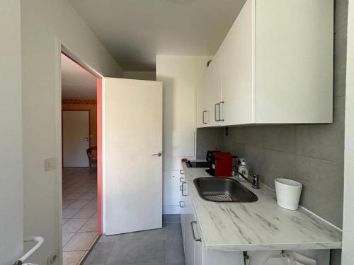 - une cuisine avec un évier et des placards blancs dans l'établissement Stylish 1BR with Peaceful Garden in 18th District, à Paris