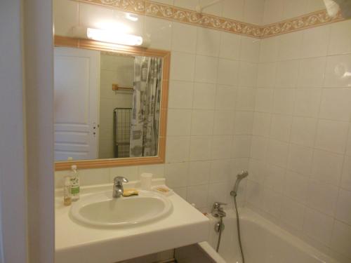 une salle de bain avec un lavabo, un miroir et une baignoire dans l'établissement APPARTEMENT STATION HAUTE MONTAGNE Savoie, à Le Désert