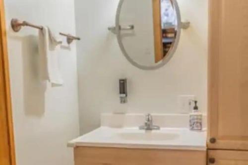 a bathroom with a sink and a mirror at Cabin in the woods Fairbanks, Alaska, United States in Fairbanks