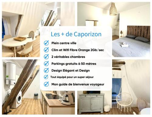 un collage de photos d'une chambre avec une affiche dans l'établissement Caporizon-Les Balançoires de Sarlat, à Sarlat-la-Canéda