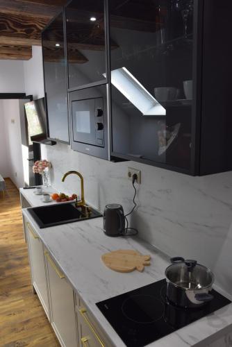 a kitchen with a sink and a stove top oven at Apartmány Žakovce & SPA in Veľká Lomnica