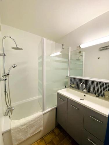 une salle de bain avec douche et lavabo dans l'établissement Appartement mezzanine au bord de la lagune, à Saint-Cyprien