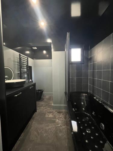 a black bathroom with a shower and a sink at Petite maison centre ville châteaudun in Châteaudun
