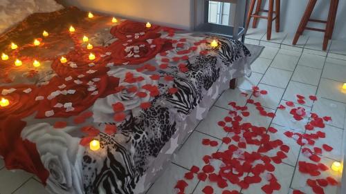 a bedroom with a bed with red flowers on it at Unidades 1 e 2 e 3 Pousada do Sossego Mar e Verde in Itanhaém