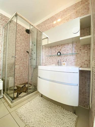 une salle de bain avec une douche en verre et un lavabo dans l'établissement Élégant appartement au Port de Saint-Cyprien, à Saint-Cyprien