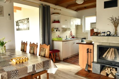 a kitchen and dining room with a table and a fireplace at Wczasy u Gospodarza na Kaszubach in Kistowko