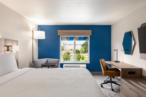 a hotel room with a bed and a desk and a window at Holiday Inn Express & Suites - Tuscaloosa-University by IHG in Tuscaloosa