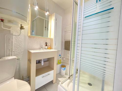 une salle de bain avec une douche, des toilettes et un lavabo dans l'établissement T3 à Sète: Face Mer, WIFI, Parking - FR-1-338-424, à Sète