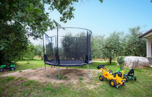 a trampoline in a yard with a toy motorcycle at Beautiful Apartment In Cabrunici in Čabrunići