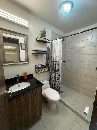 a bathroom with a toilet and a sink and a shower at Departamento Nuevo Frente al TSM in Torreón